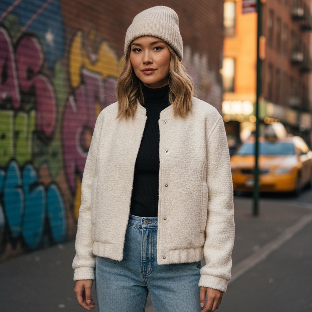 NWT Wool Blend Cream Bomber Jacket |Textured Bouclé XS | Abercrombie & Fitch